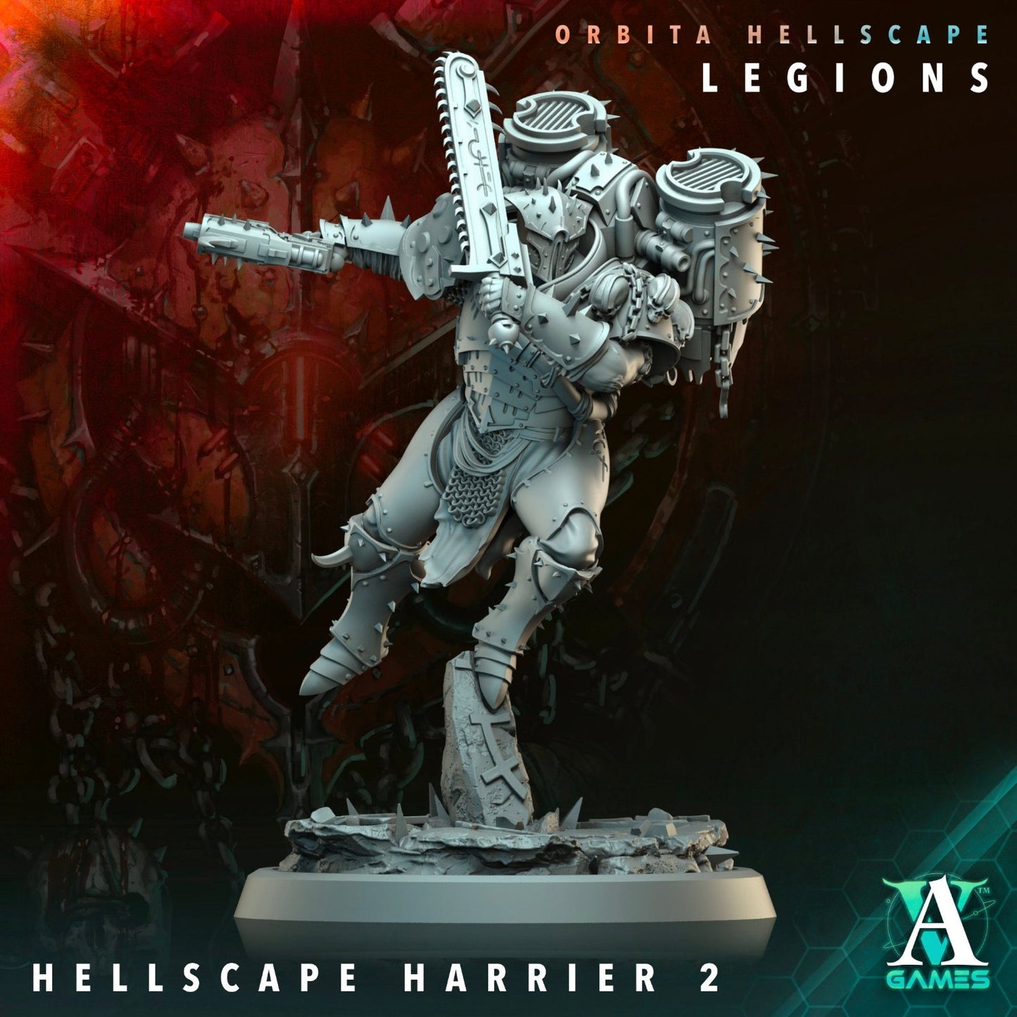 Hellscape Harrier figurine wielding a large chainsaw-sword and standing on a rugged base.