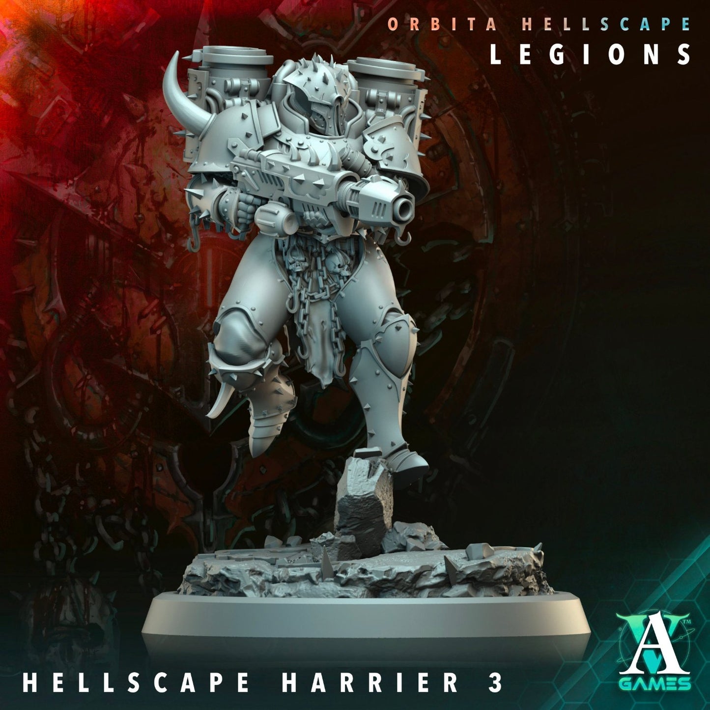 Hellscape Harrier figurine holding a powerful blaster and equipped with spiked armor and a jetpack.