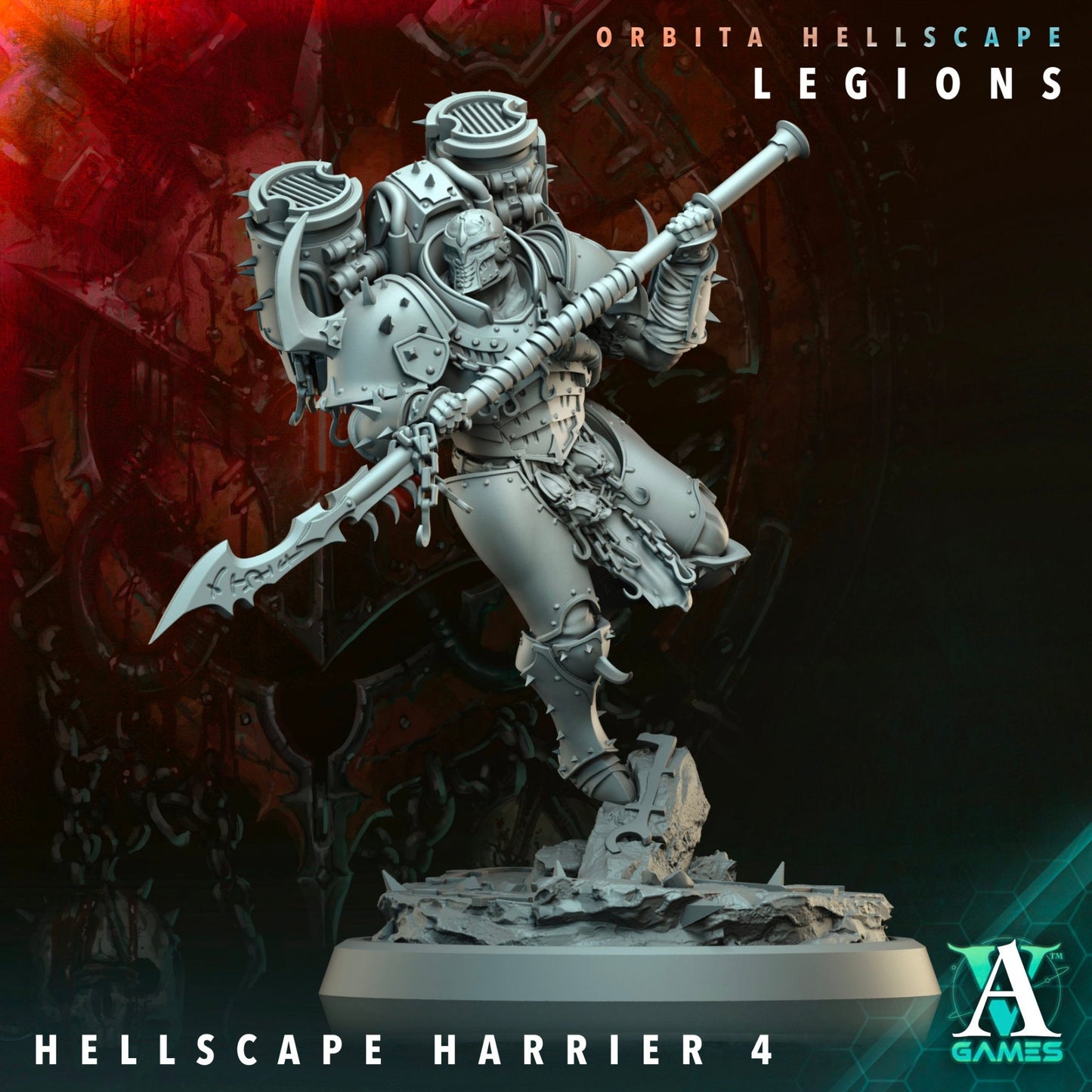 Hellscape Harrier figurine holding a long spear, wearing heavily spiked armor, and standing on a rock base.