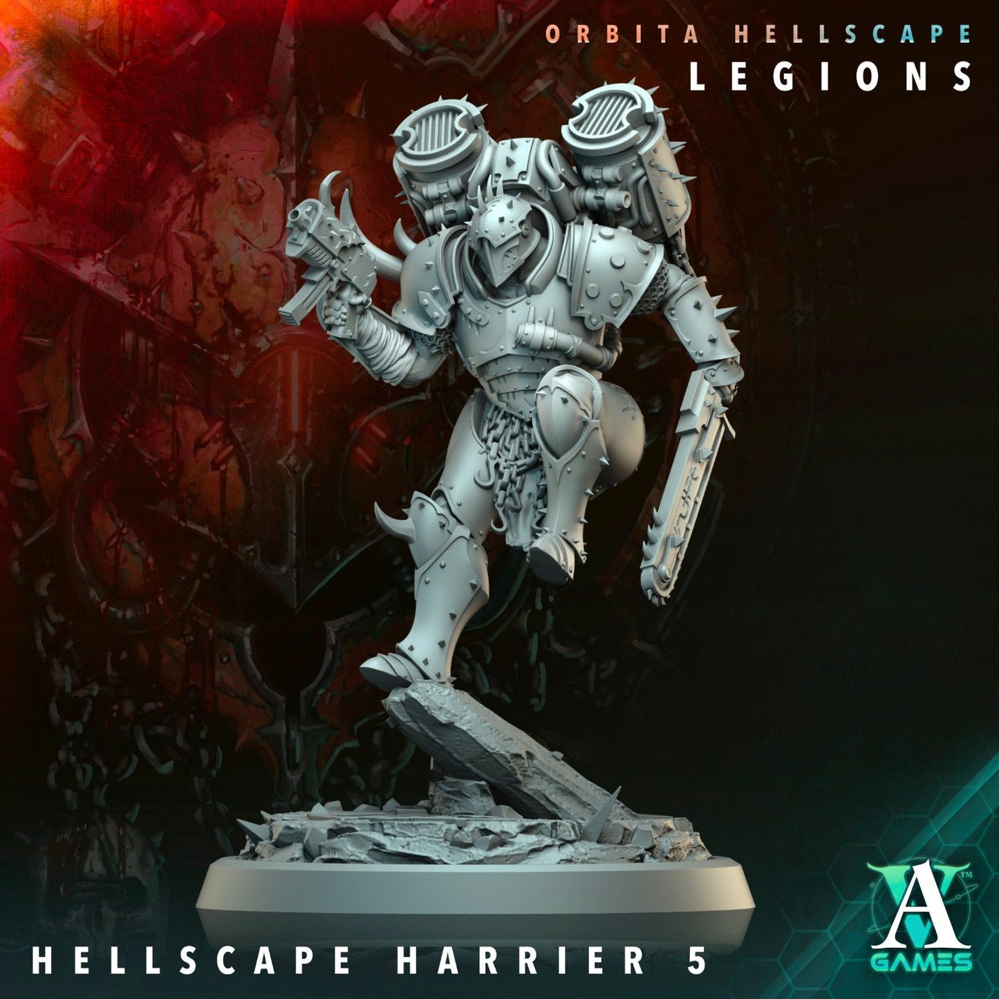 Hellscape Harrier figurine armed with a chainsaw-sword, posed dynamically on a broken terrain base.