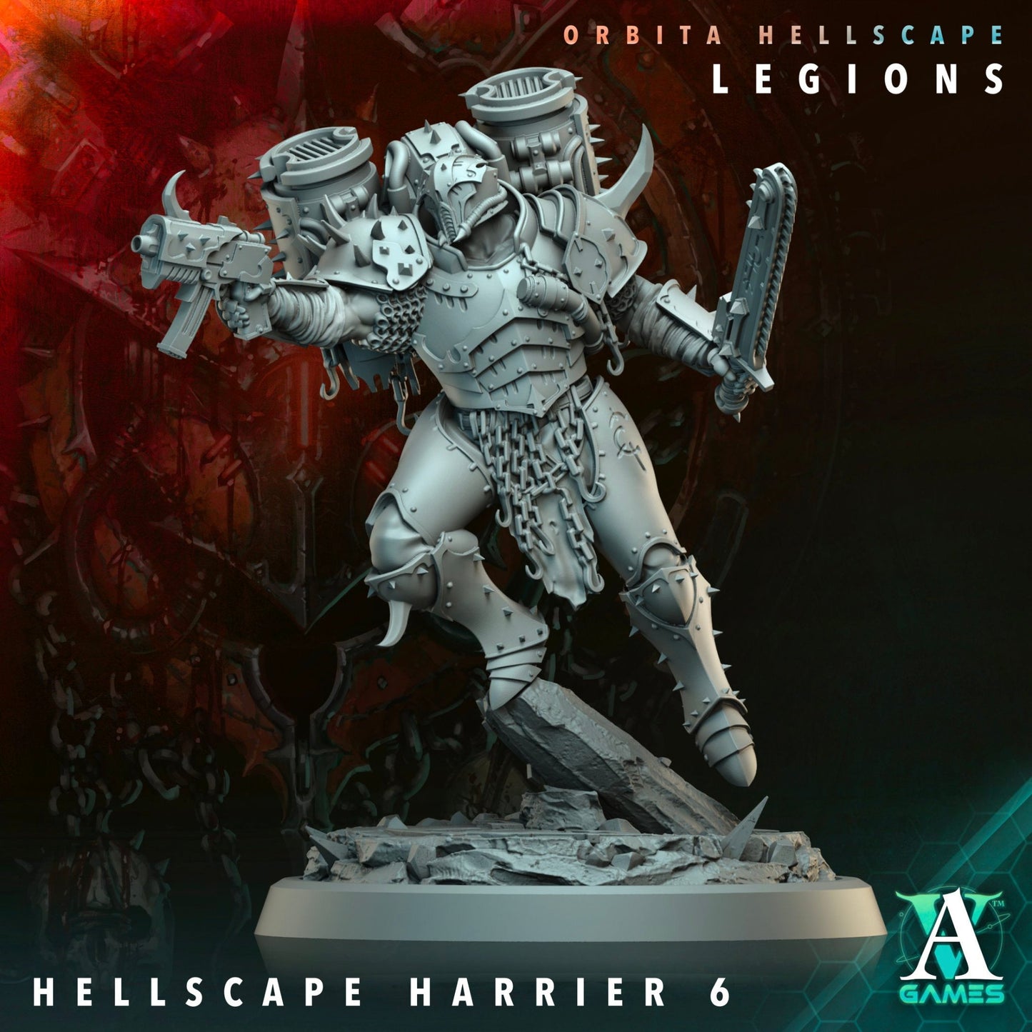 Hellscape Harrier figurine holding a blaster in one hand and a chain-sword in the other, wearing armor with spikes and a jetpack.