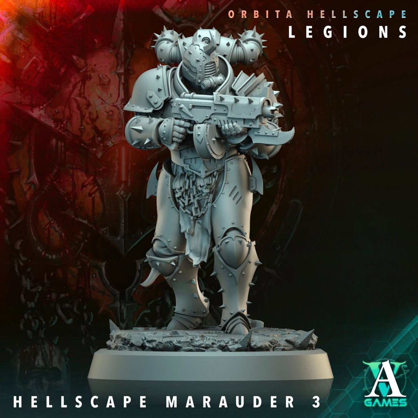 Sci-fi marauder with spiked armor, wielding a heavy rifle, standing tall on a detailed base.