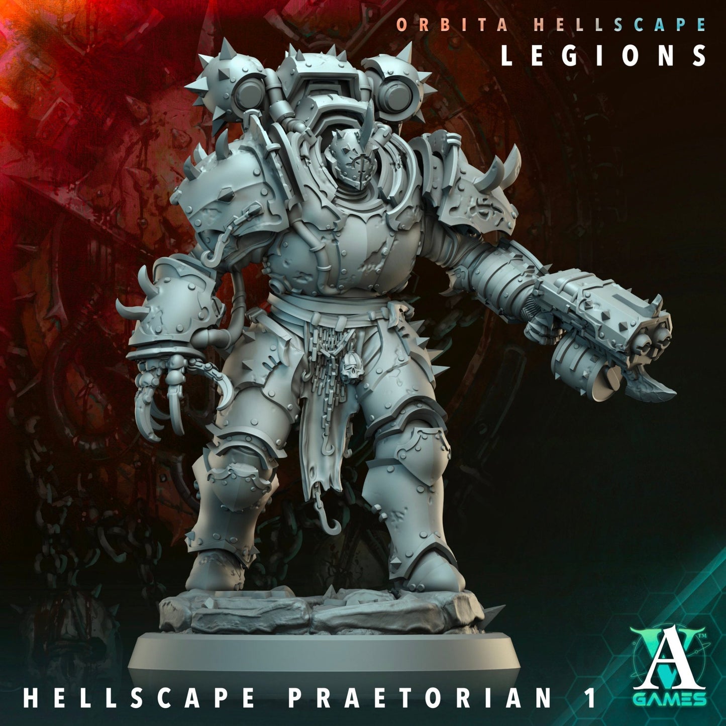 Heavily armored Praetorian with a clawed gauntlet and a bolter, standing firmly on rocky terrain. Great for Warhammer 40k and other sci-fi tabletop wargames.