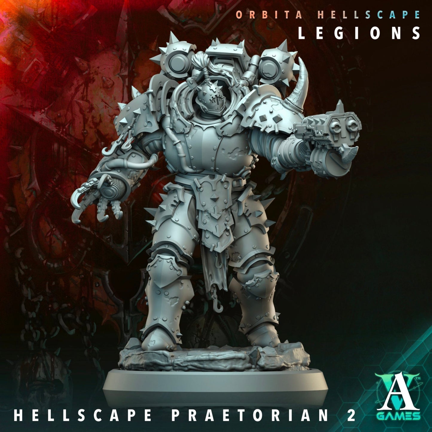 Armored Praetorian with spiked plating, wearing a large claw guantlet and a bolt gun. Ready for battle, perfect for grimdark wargames like Warhammer 40k.