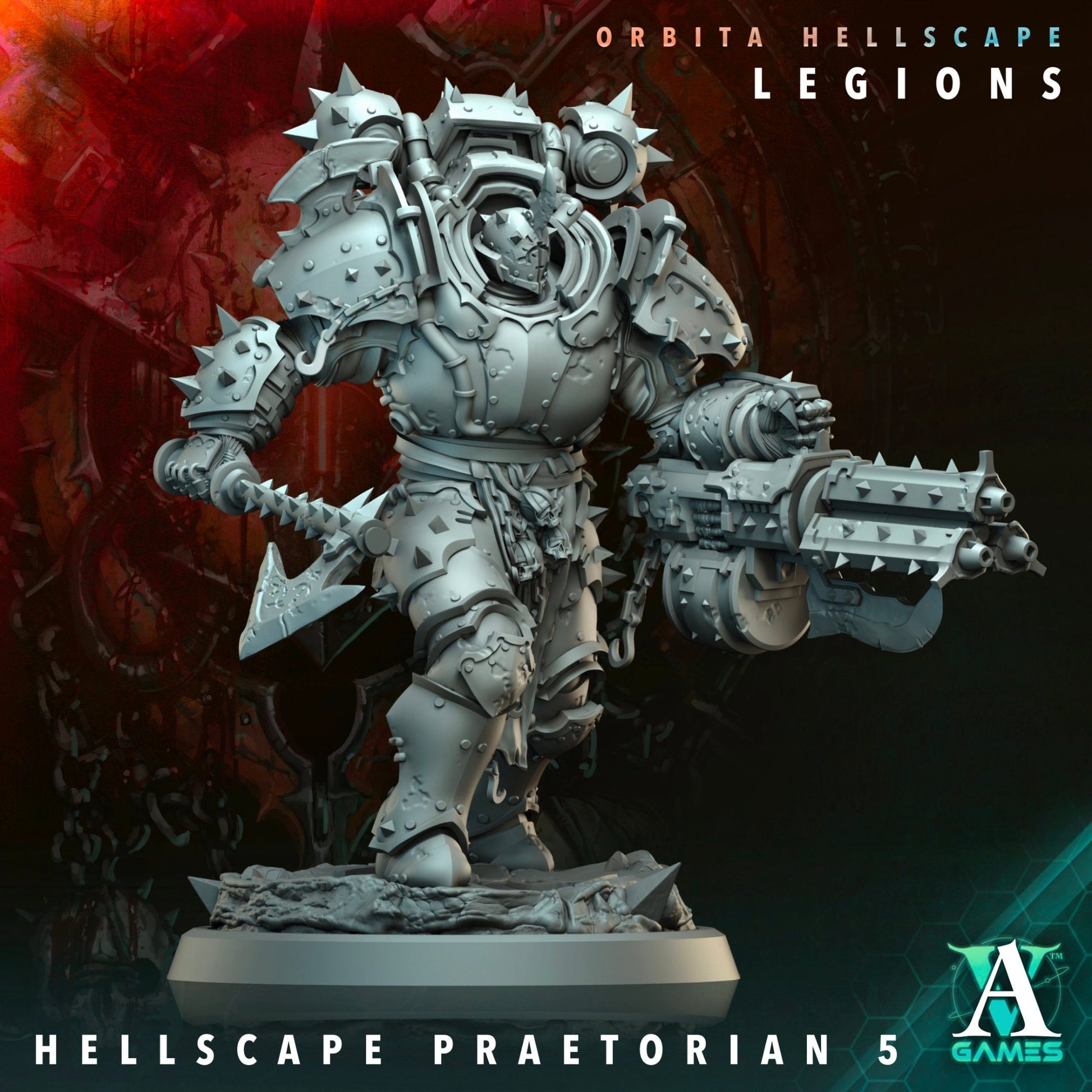 Heavily armored Praetorian with spiked gauntlet and bolter, posed in a battle stance. Perfect for sci-fi wargames like Warhammer 40k.