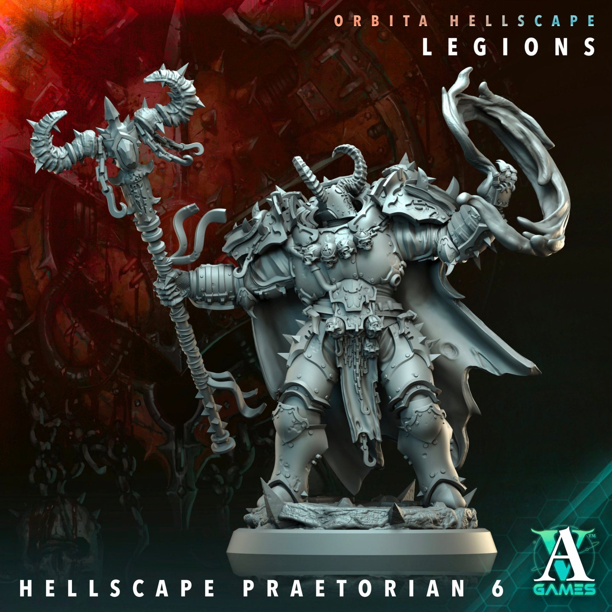 Praetorian armored warrior holding a massive staff adorned with horns, posed to strike. Ideal for dark sci-fi settings like Warhammer 40k or other futuristic TTRPGs.