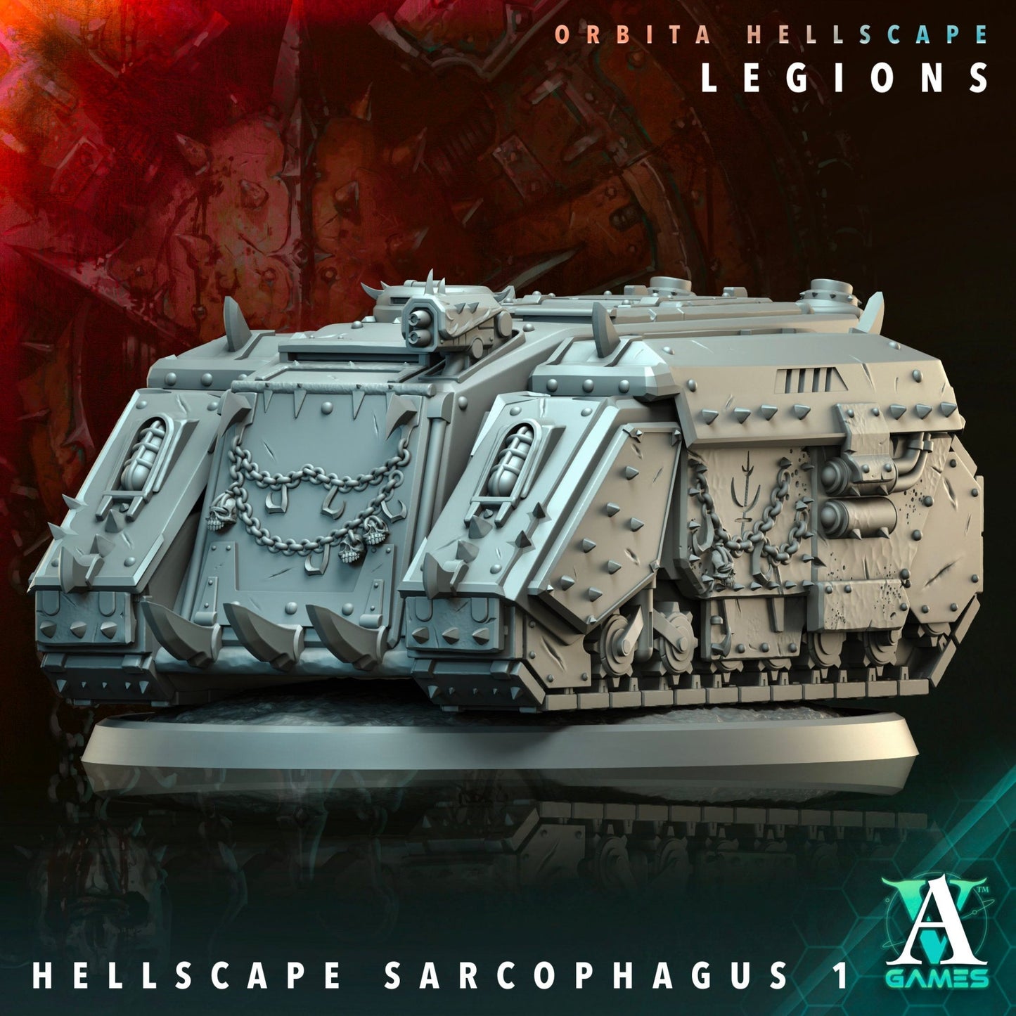 Hellscape Sarcophagus model 1 showing a heavily armored vehicle with chains and spikes, proxy for Warhammer Chaos Marine Rhino in sci-fi TTRPGs.