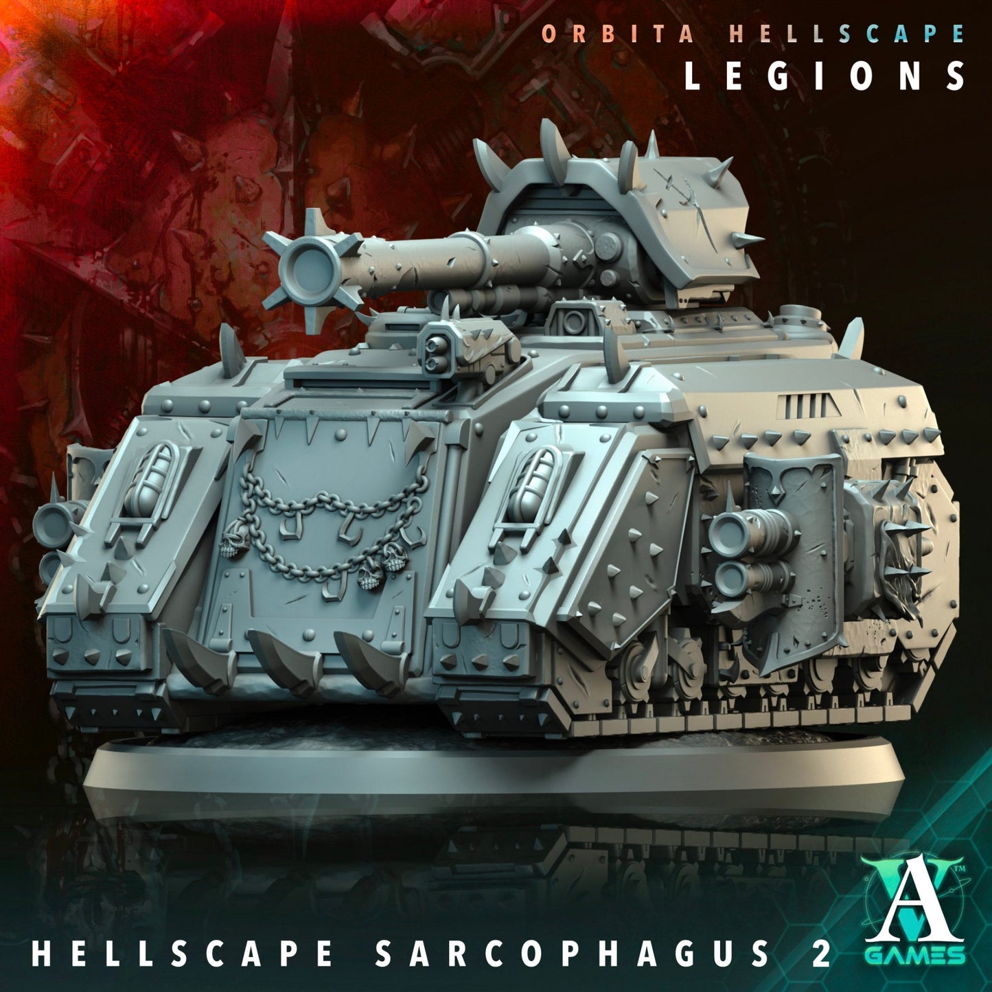 Hellscape Sarcophagus model 2 featuring a long-barreled gun, with armor plates and chain decorations, designed for sci-fi wargaming.