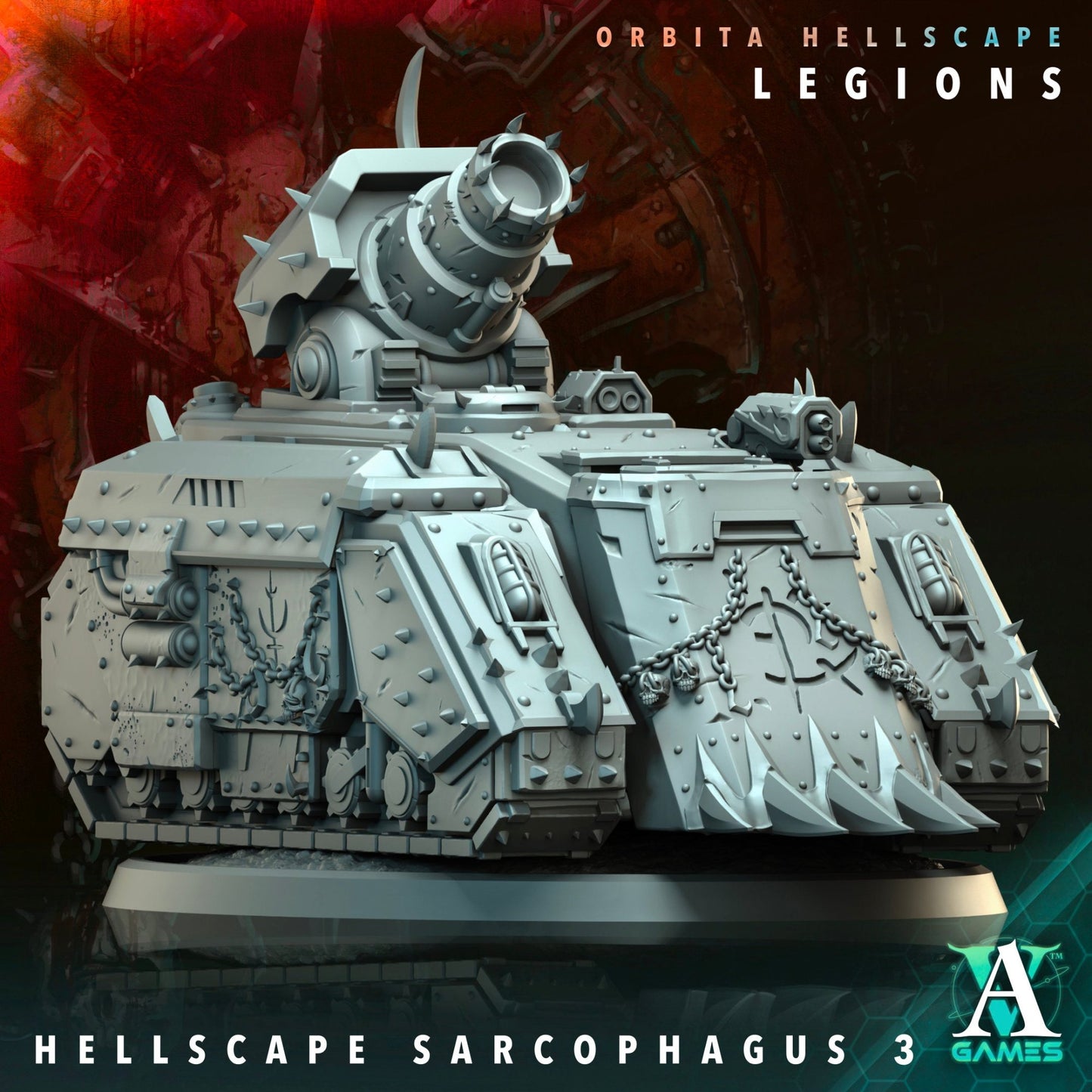 Hellscape Sarcophagus model 3 with a large cannon, covered in chains and adorned with spikes, suitable for sci-fi tabletop games.