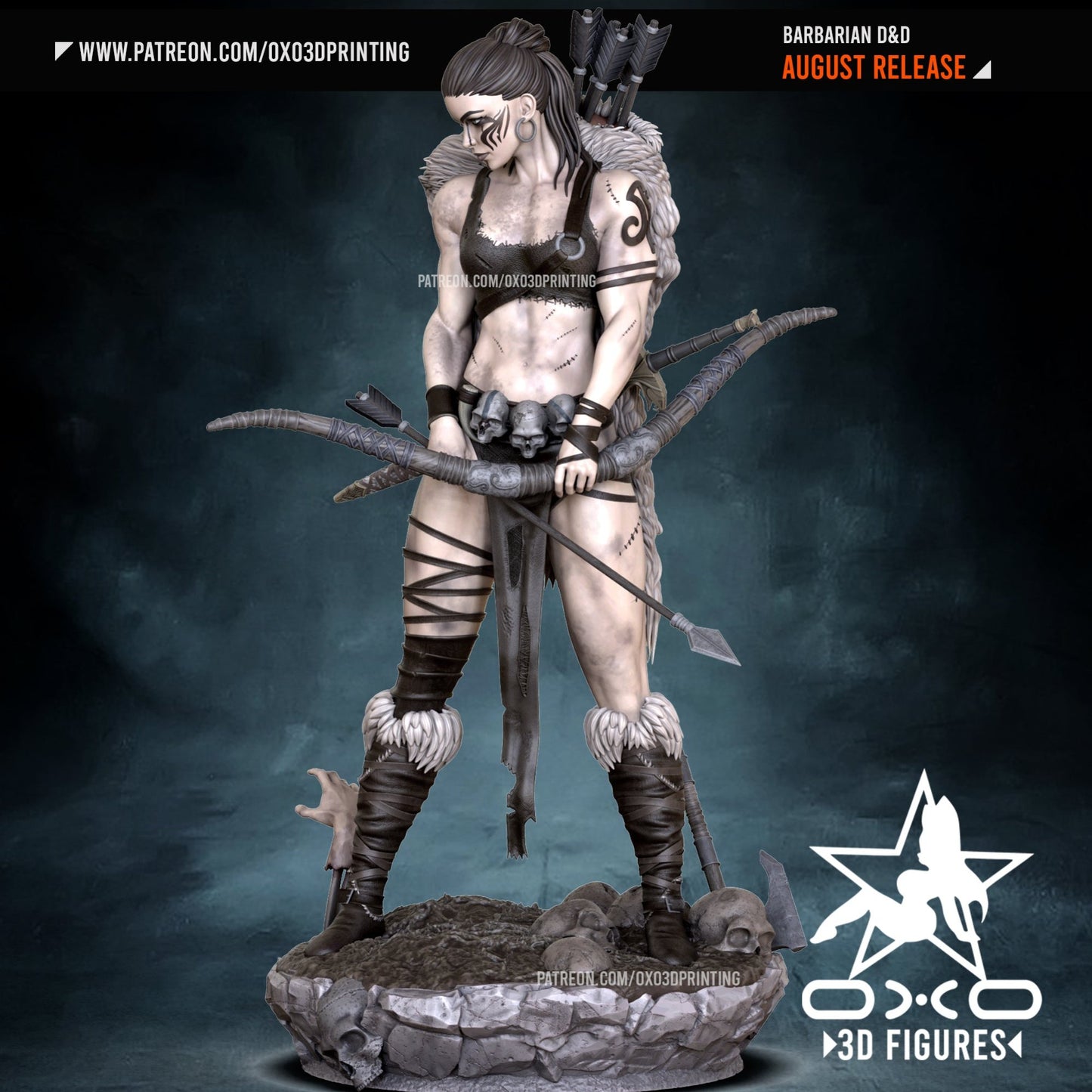 A fierce female barbarian warrior stands on a rocky base with skulls. She is equipped with a fur-lined outfit, muscular build, war paint on her face, and tribal tattoos on her arms. She holds a large, rugged bow with a quiver of arrows on her back, ready for battle.