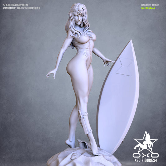 Full body unpainted render of Black Widow holding a surfboard on a sandy base – Marvel 1:10 figure