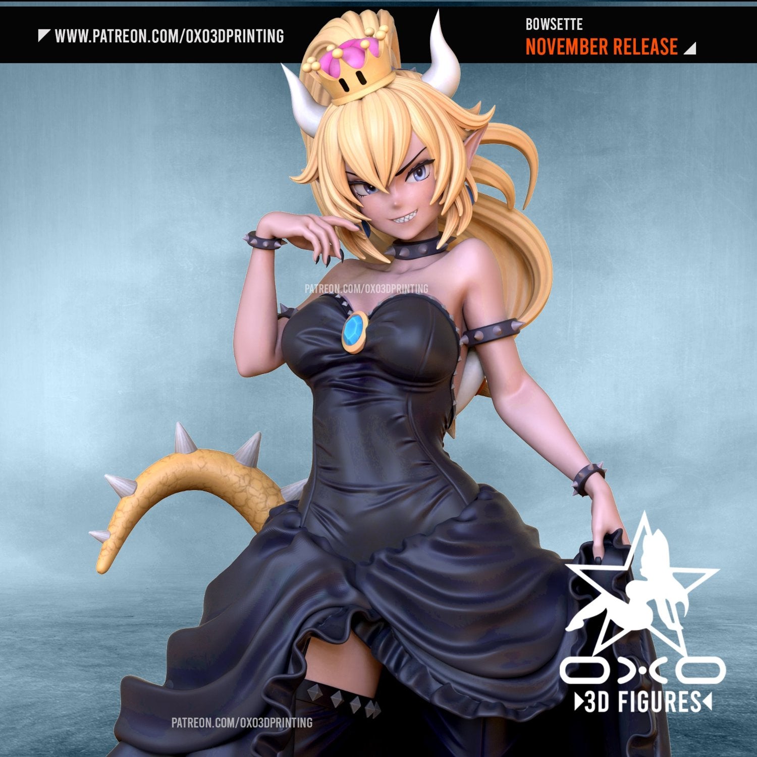 Front view of Bowsette figurine, showcasing her crown, spiked tail, and flowing black dress in 1:12 scale.