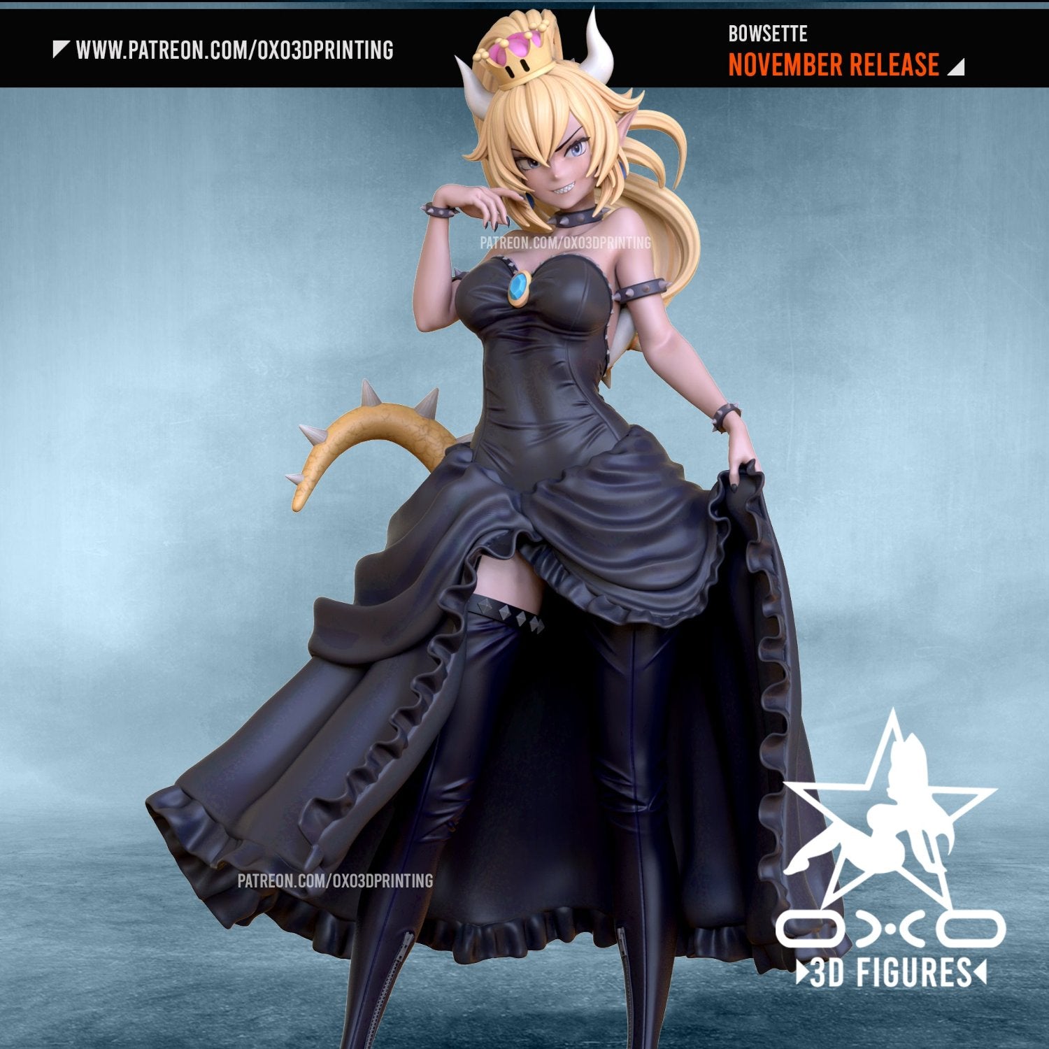 Full-body view of Bowsette with her iconic mischievous smirk, detailed dress, and stylish high heels.