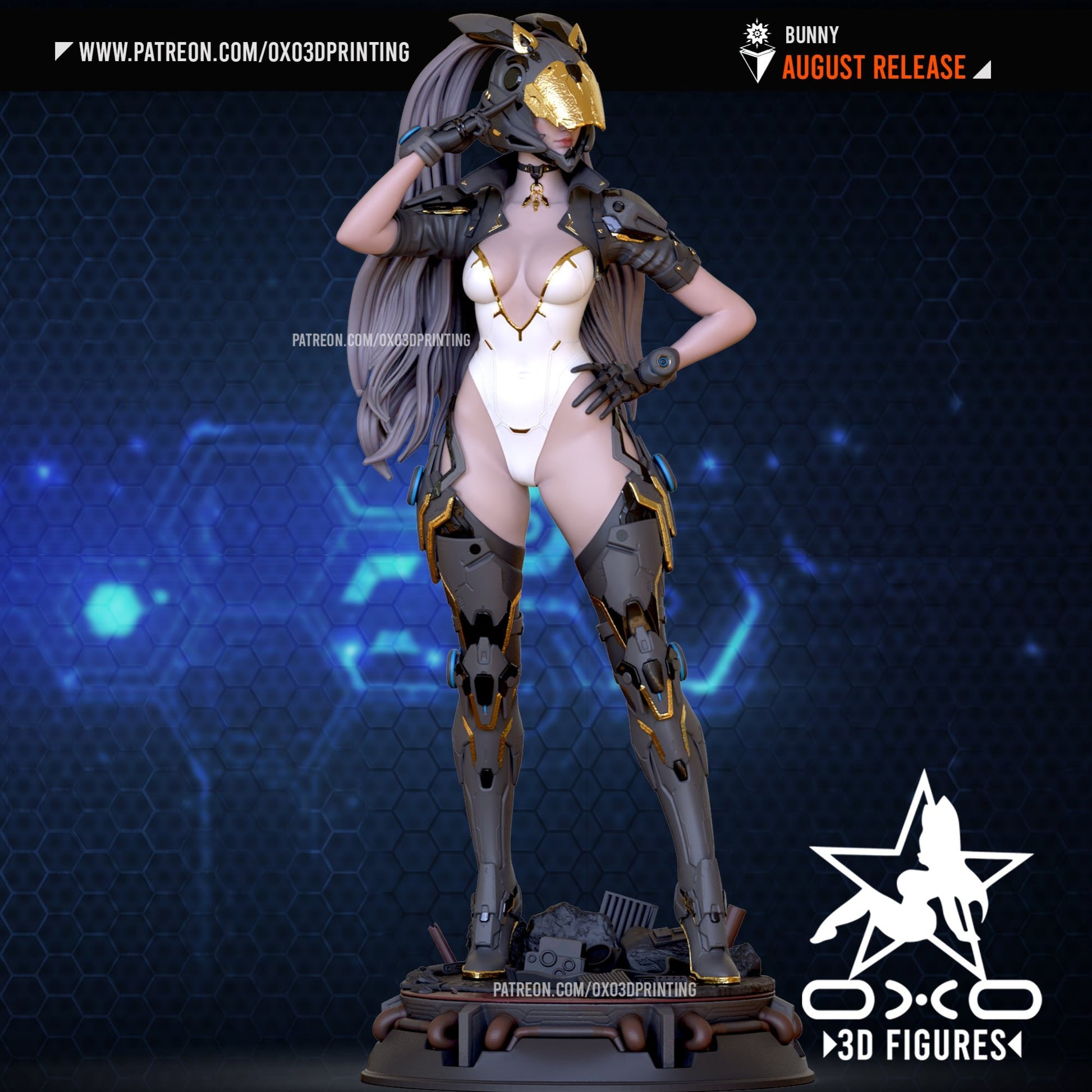 A futuristic female character named Bunny stands confidently in a sci-fi setting. She wears a sleek white bodysuit with golden accents, combined with advanced cybernetic armor and a helmet shaped like a rabbit's head. Her pose is bold, with one hand on her hip and the other touching her helmet.