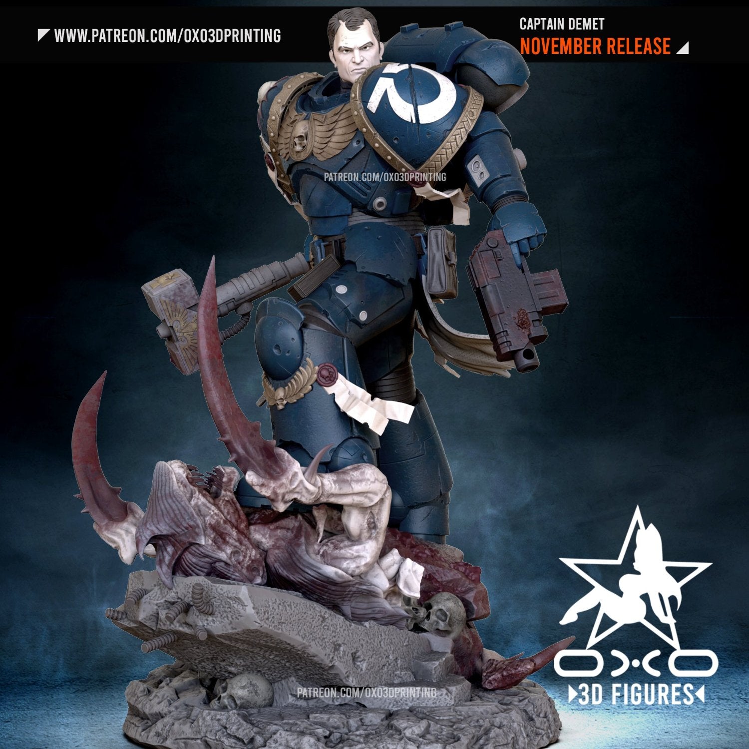 Captain Demet without helm, holding a hammer, standing over a defeated alien on a detailed base.