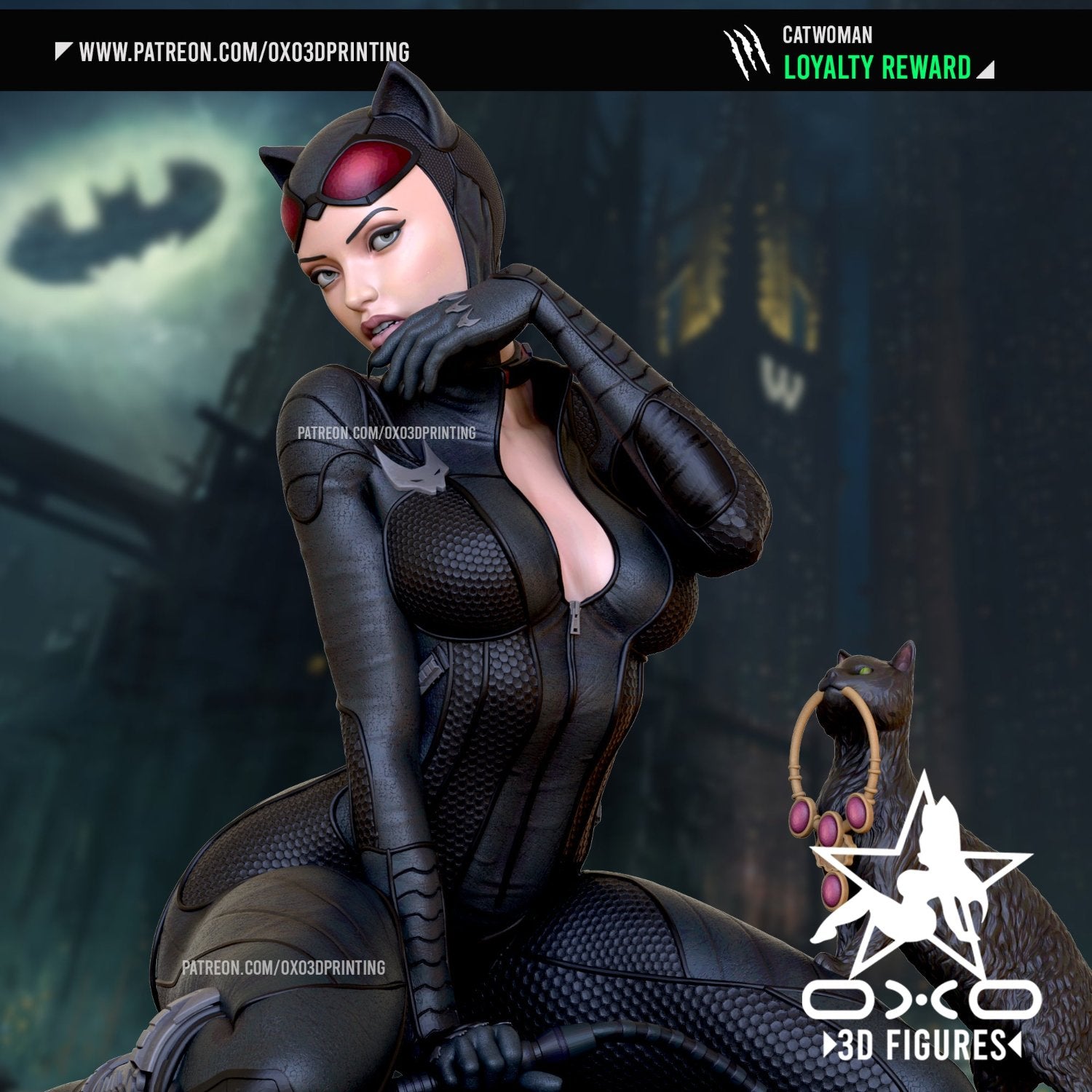 Close-up of Catwoman figurine in a sleek, textured bodysuit, striking a mysterious pose with her hand near her face.