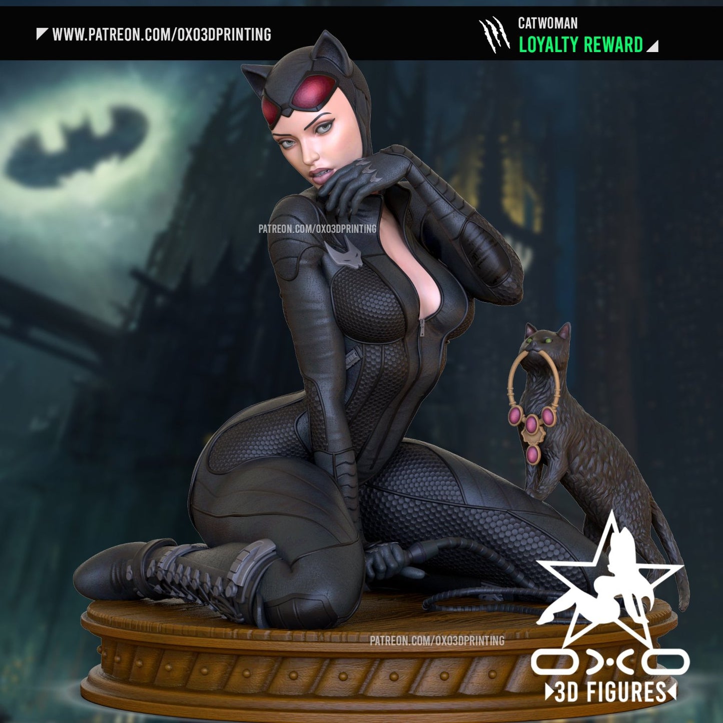 Catwoman collectible figurine in a sleek black bodysuit with red-tinted goggles, posed elegantly on a wooden pedestal, with Gotham skyline in the background.