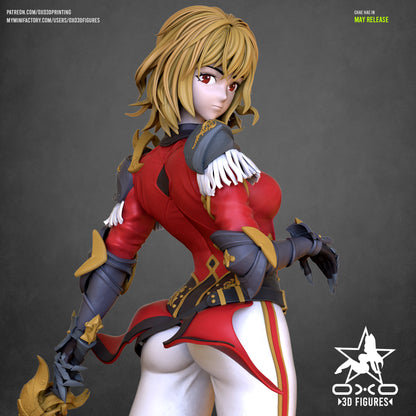  Color render close-up of Chae Hae-In’s upper body and face with red outfit and blonde hair, looking over her shoulde
