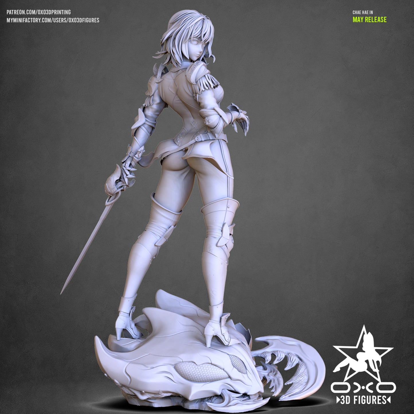 Rear 3/4 clay render of Chae Hae-In with detailed armor, sword, and defeated dragon skull beneath her.