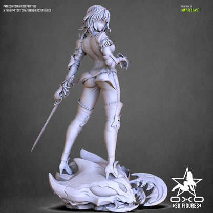 Rear 3/4 clay render of Chae Hae-In with detailed armor, sword, and defeated dragon skull beneath her.