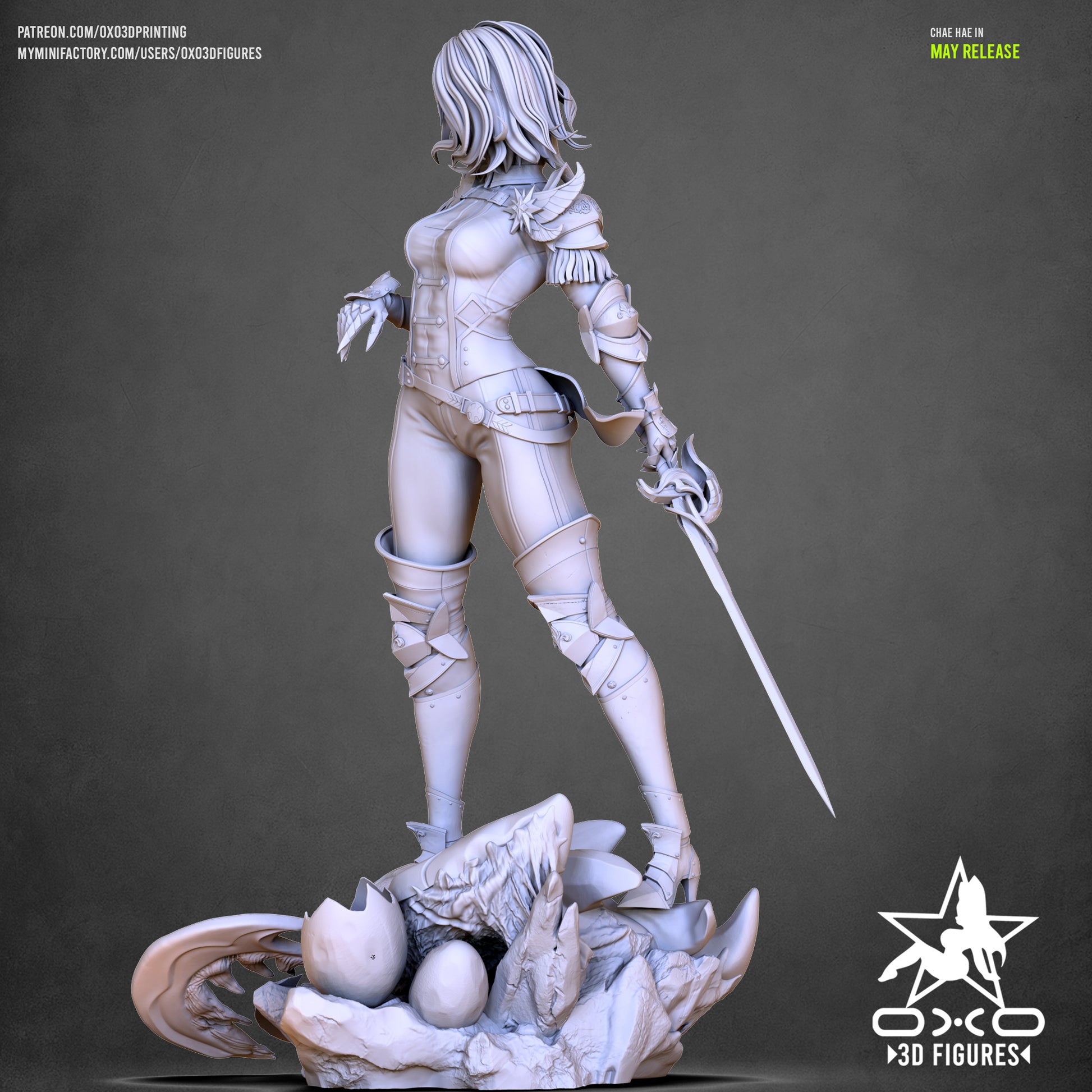 Front 3/4 clay render of Chae Hae-In standing on a dragon skull with sword in hand and confident stance.