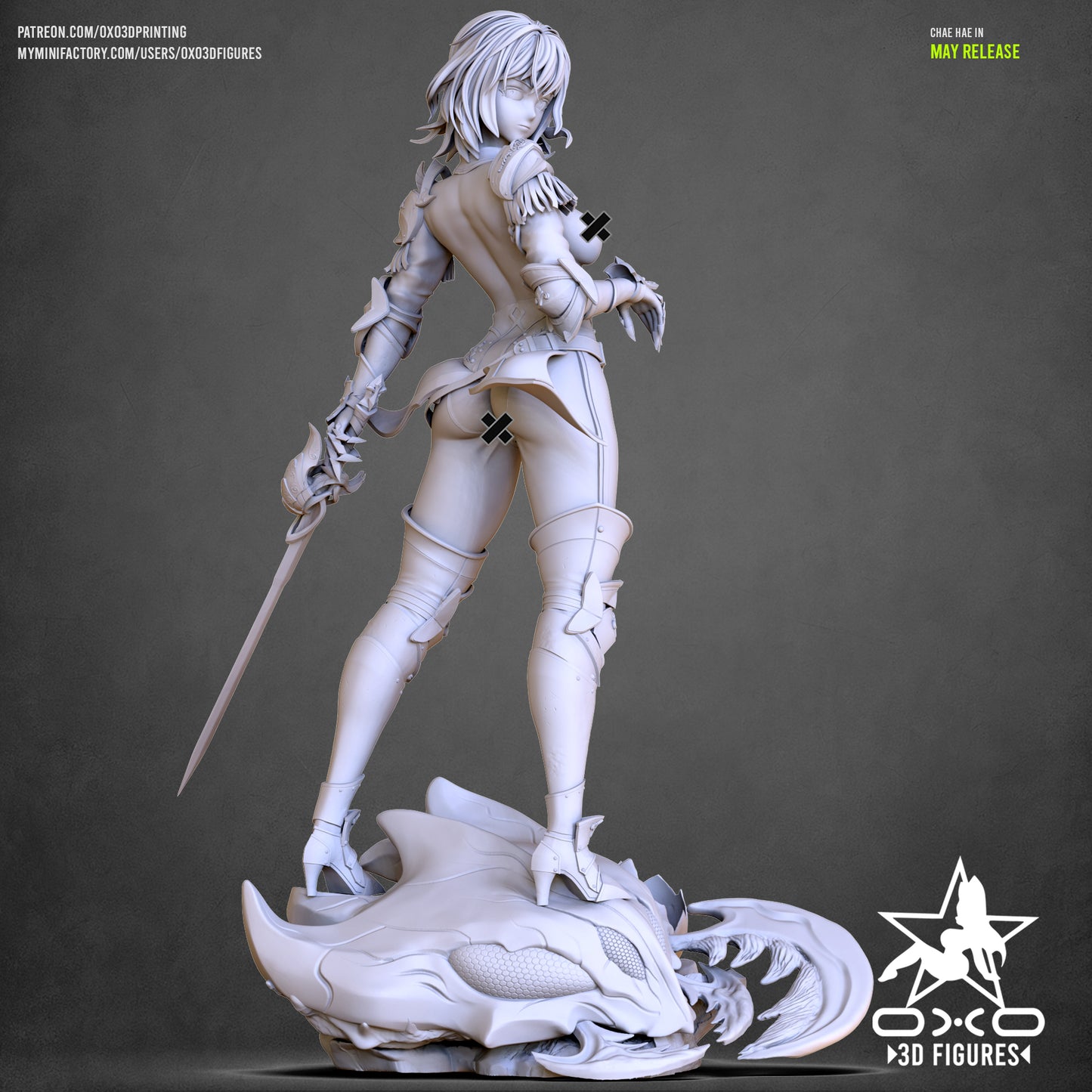 Rear clay render of NSFW version of Chae Hae-In with alternate torso and more revealing armor variant.