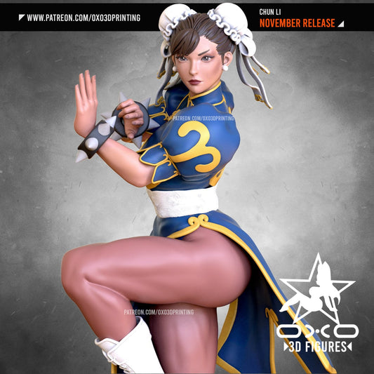 Close-up of Chun-Li, staring with the intensity of someone ready to fight and win, with spiked bracelets to emphasize she means business.