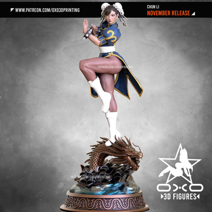 Full view of Chun-Li delivering high-kick vibes atop a dragon base, showing off her flawless form and an outfit designed to intimidate and impress.