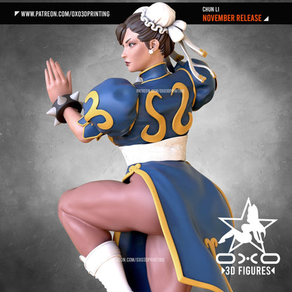 Rear view of Chun-Li’s pose, highlighting her signature outfit and flowing details, with a dragon base silently agreeing she’s the queen of combat.