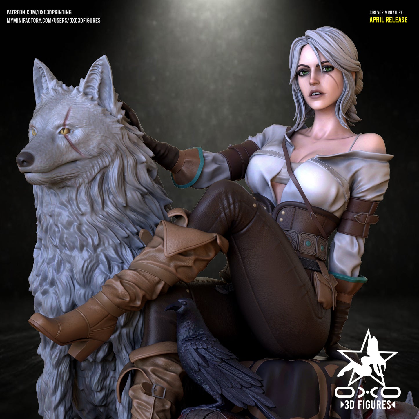 Fully rendered and painted version of Ciri from The Witcher, posed beside a large wolf with a raven on her leg and two helmets beneath her.