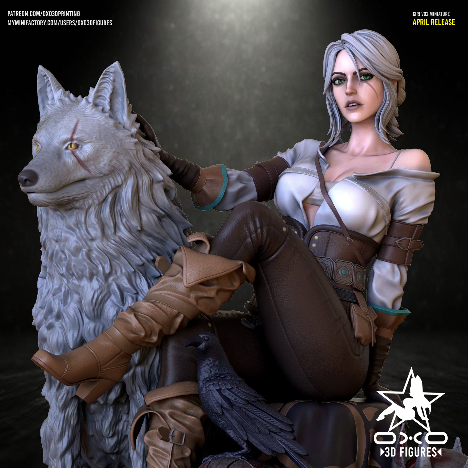 Fully rendered and painted version of Ciri from The Witcher, posed beside a large wolf with a raven on her leg and two helmets beneath her.