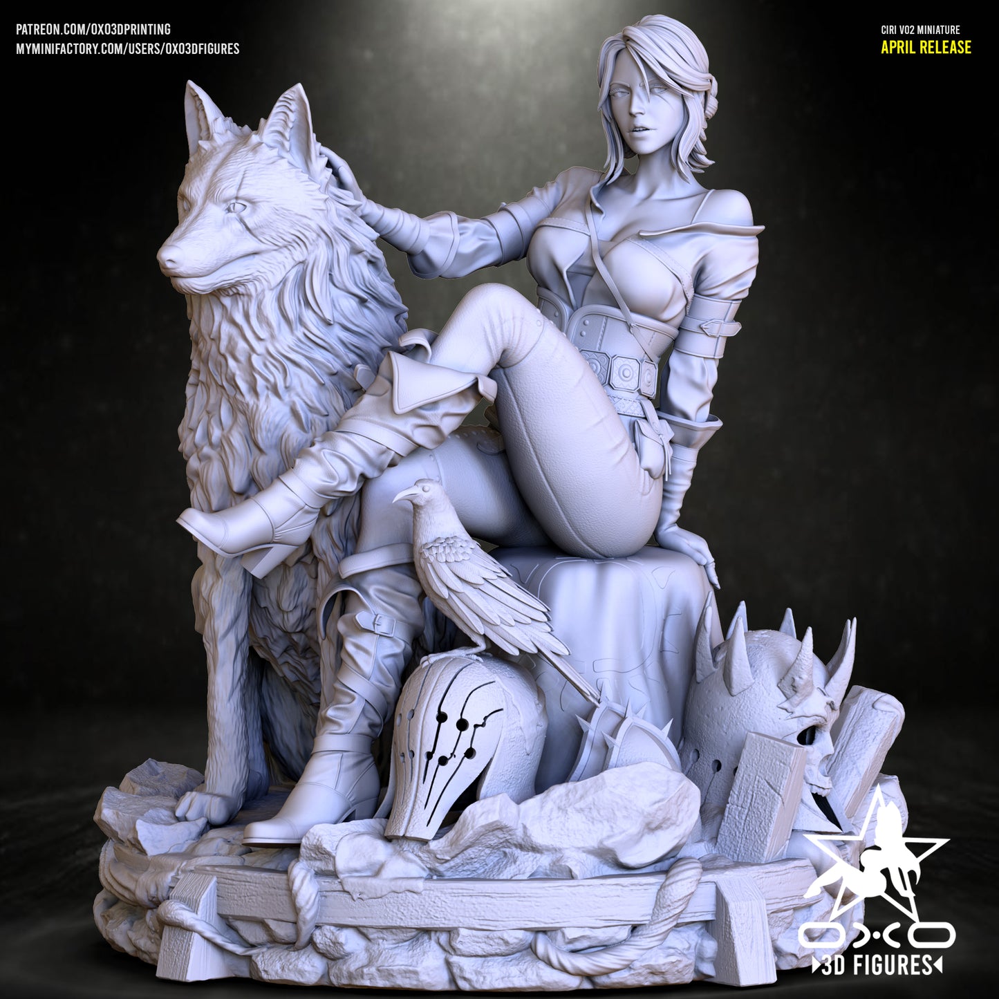 Unpainted full model of Ciri from The Witcher, posed on a rocky diorama base with a wolf, a raven, and enemy helmets at her feet.