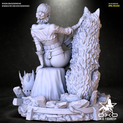 Rear view of Ciri sitting beside a large wolf, her hand resting on its fur. The scene includes a stone base with swords, helmets, and a draped cloth.