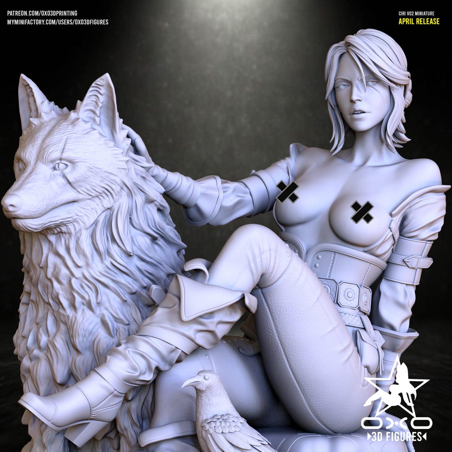 Front-facing variant of Ciri with exposed chest, seated beside a large wolf with her arm draped over it, and a raven resting near her leg.