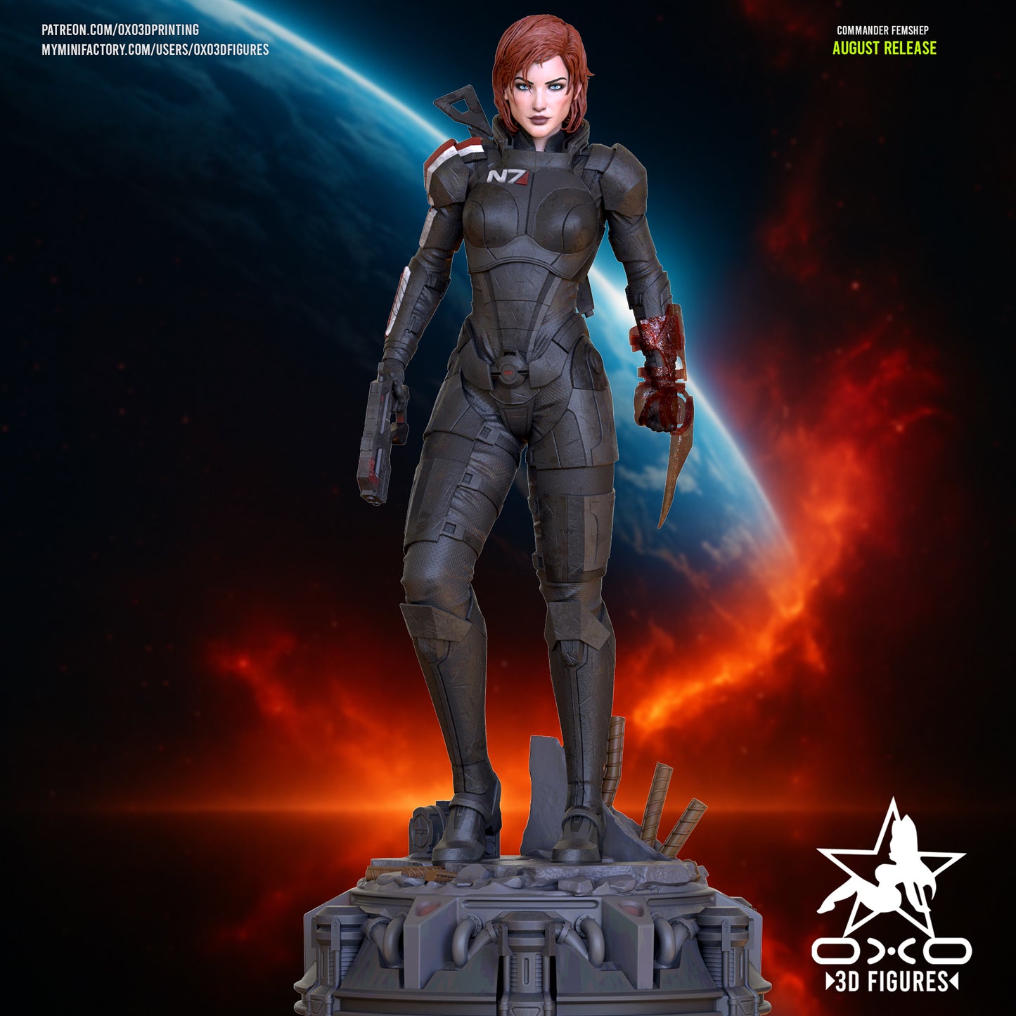 Colored render of Commander Shepard FemShep statue in N7 armor with pistol and omni-blade on a sci-fi base.