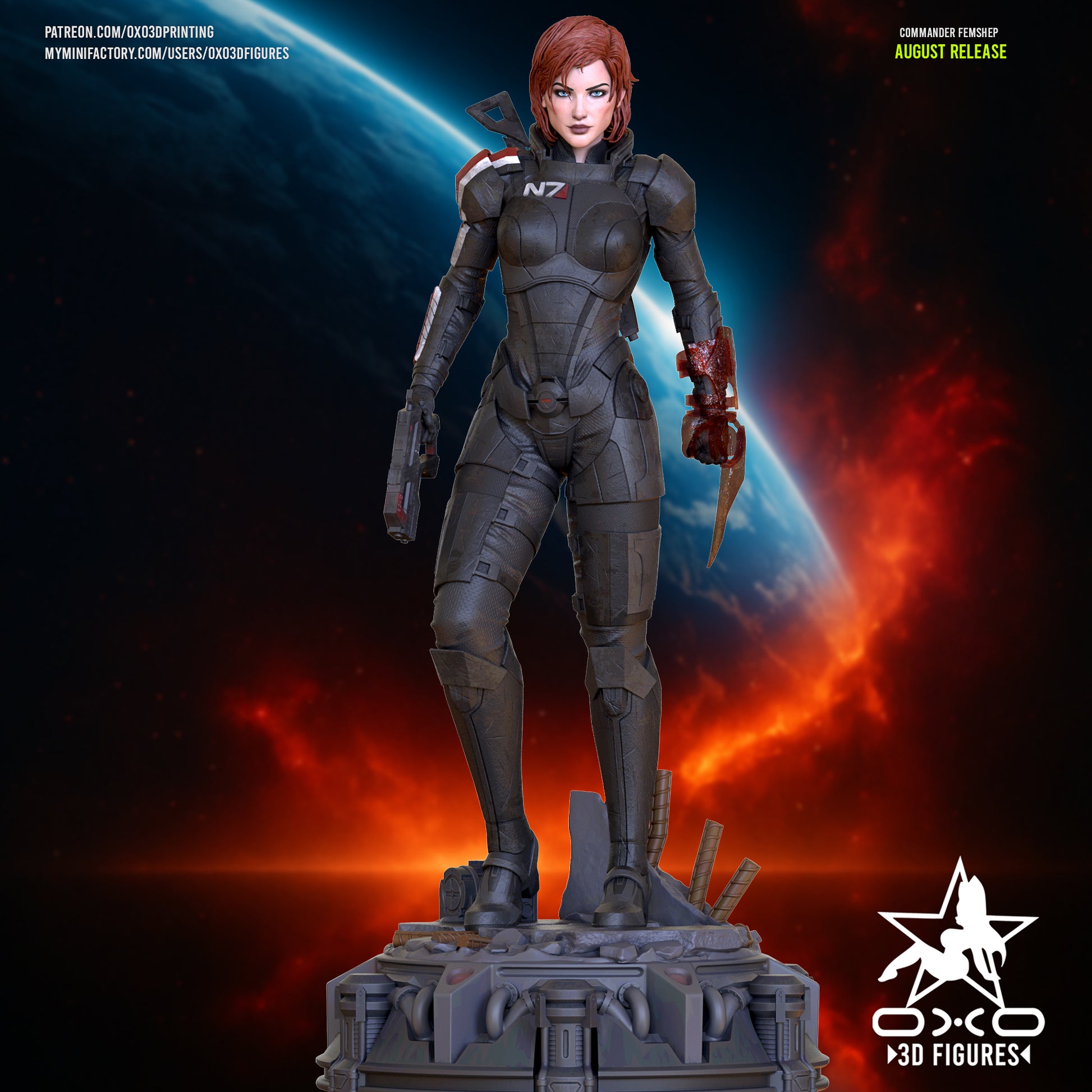 Colored render of Commander Shepard FemShep statue in N7 armor with pistol and omni-blade on a sci-fi base.