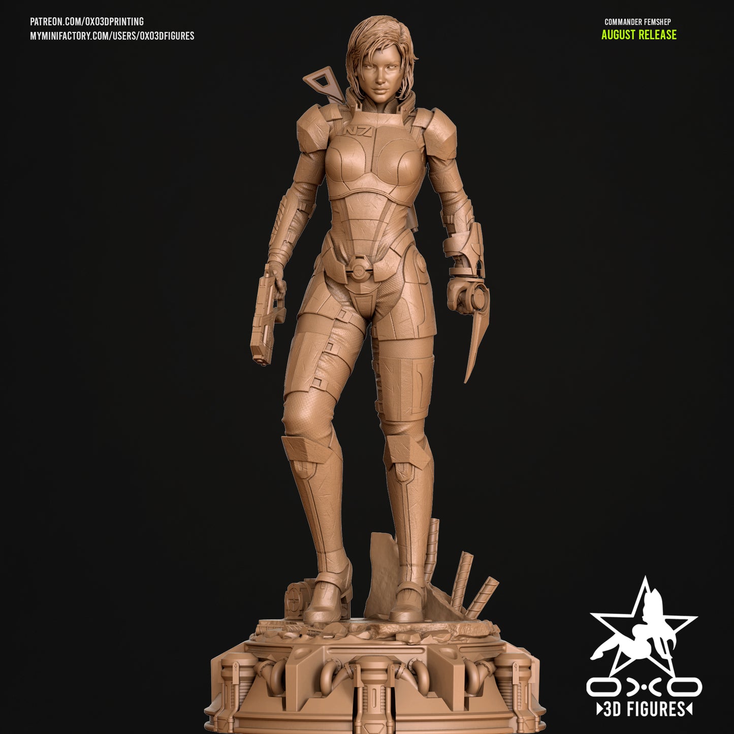 Raw sculpt of Commander Shepard FemShep collectible in N7 armor with pistol and omni-blade, front view.