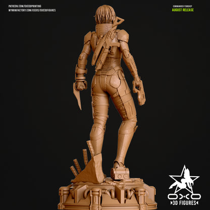 Rear view of Commander Shepard FemShep statue showing detailed N7 armor, rifle, and sci-fi base.