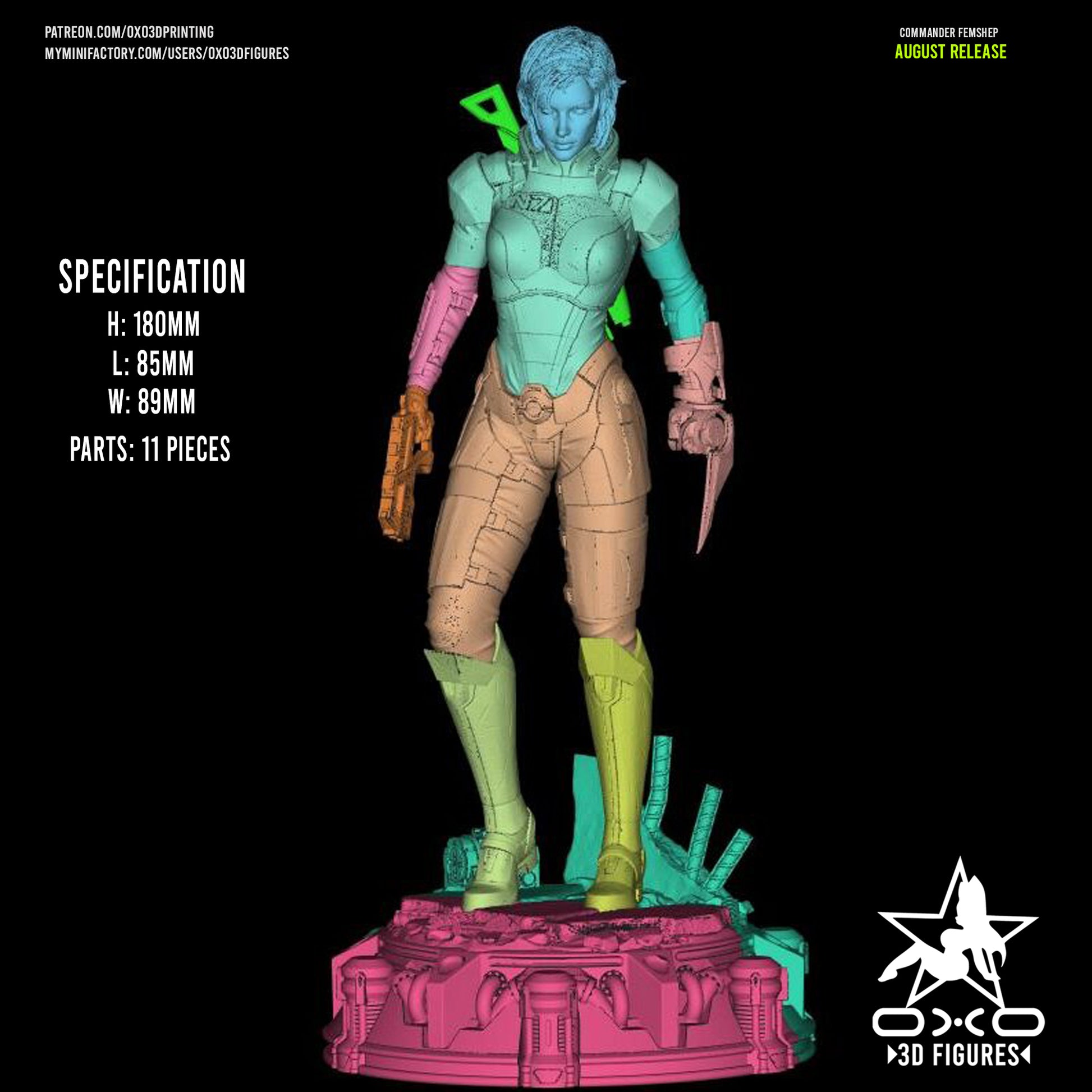 Specification breakdown of Commander Shepard FemShep figure showing 11 modular parts and 180mm height.