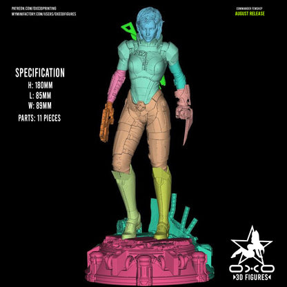 Specification breakdown of Commander Shepard FemShep figure showing 11 modular parts and 180mm height.