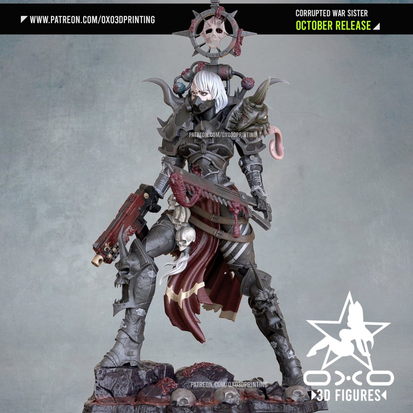 Corrupted War Sister figurine in full battle pose with demonic mutations and weapon raised, standing on a rocky base.