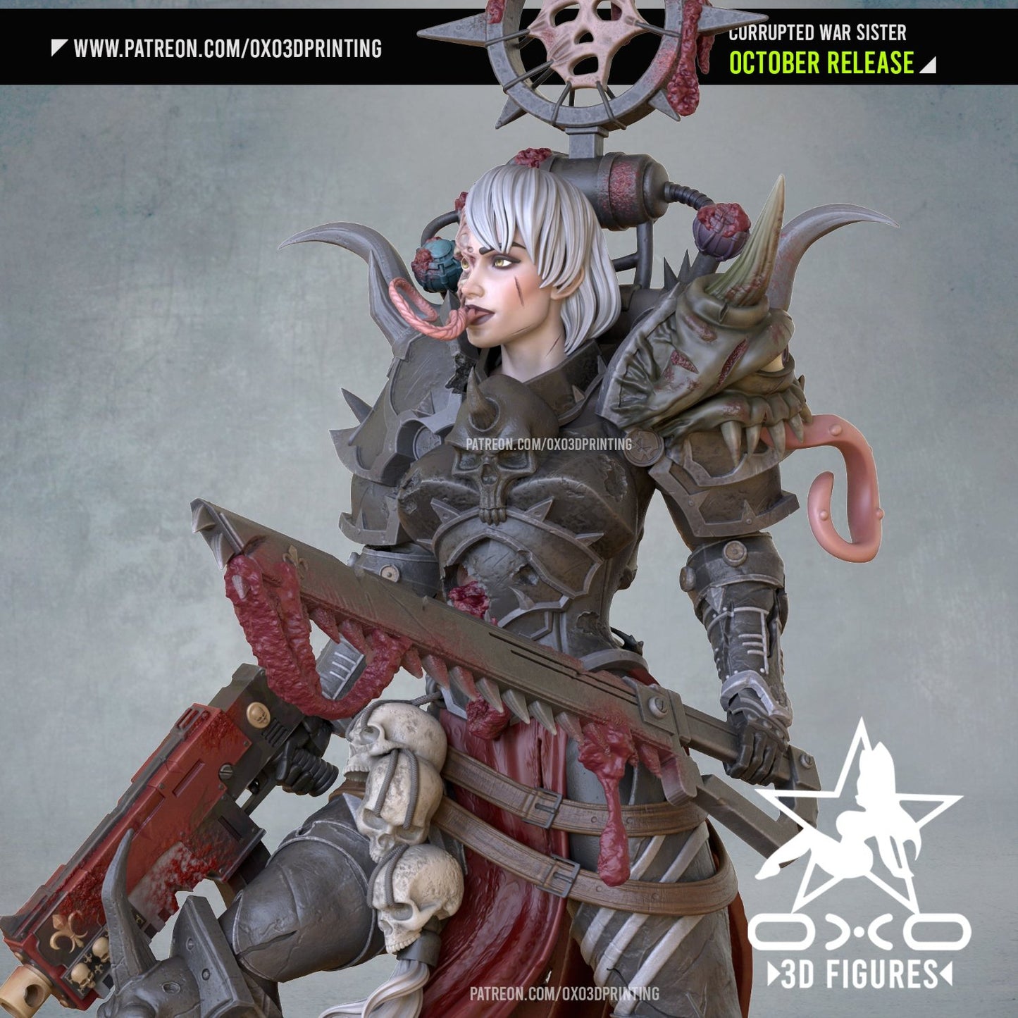 Close-up of Corrupted War Sister's detailed armor, fierce expression, and demonic mutations.