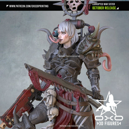 Close-up of Corrupted War Sister's detailed armor, fierce expression, and demonic mutations.