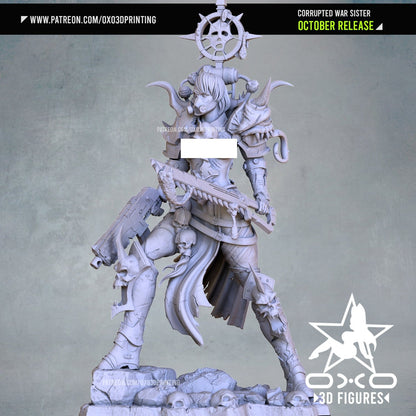 onochromatic view of Corrupted War Sister figurine with detailed but destroyed armor, corrupted features, and weapon, positioned on a skull-adorned rocky base.