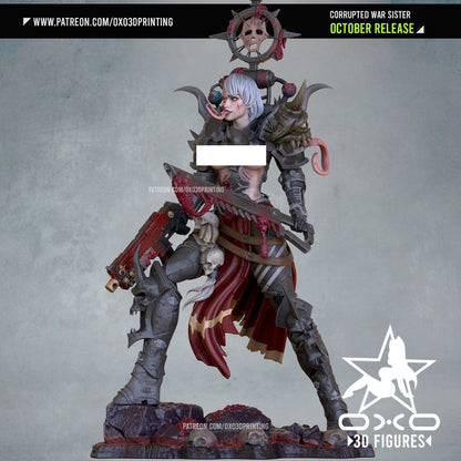 Front view of Corrupted War Sister figurine with corrupted armor and weapon, showcasing intricate demonic details.