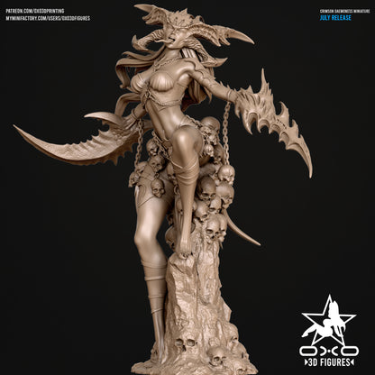Unpainted front angle of Crimson Daemoness, posed stepping forward atop a pile of skulls, with massive clawed arm blades and chains draping from her body. Perfect for collectors and TTRPG scenarios.