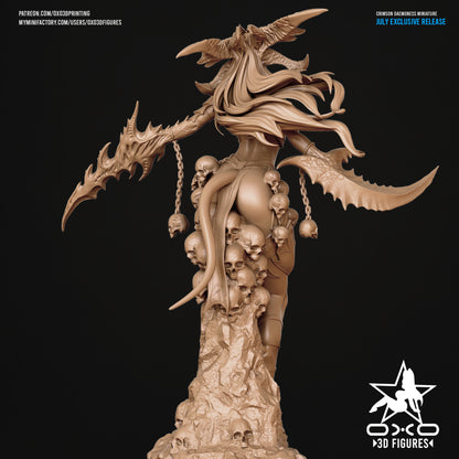 Rear view of Crimson Daemoness figurine, showing flowing hair, demon tail, and skull-laden base. Designed for dark fantasy settings in Pathfinder or D&D.