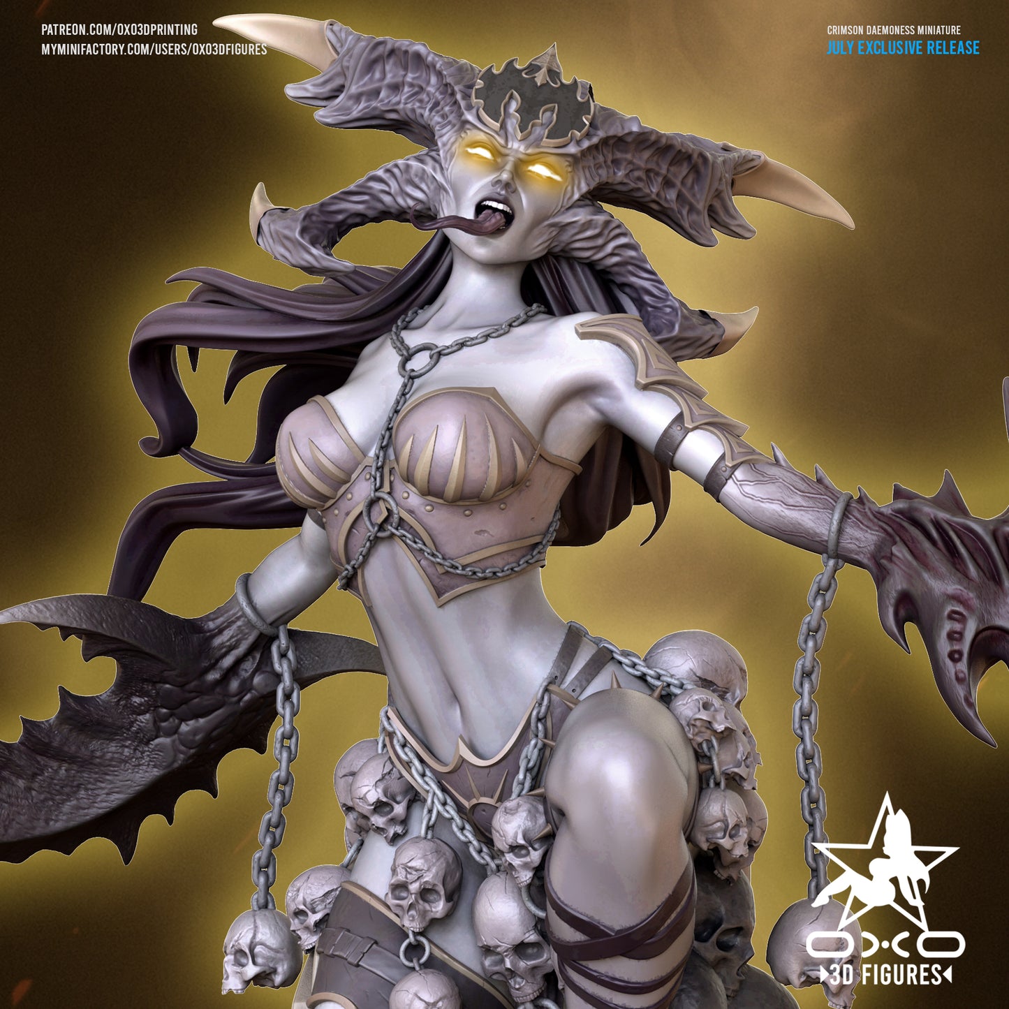 Front view of the Crimson Daemoness figurine, a female demon with glowing eyes, large horns, chained armor top, clawed blades, and skull decorations. Suitable for Dungeons & Dragons or Pathfinder dark fantasy campaigns.
