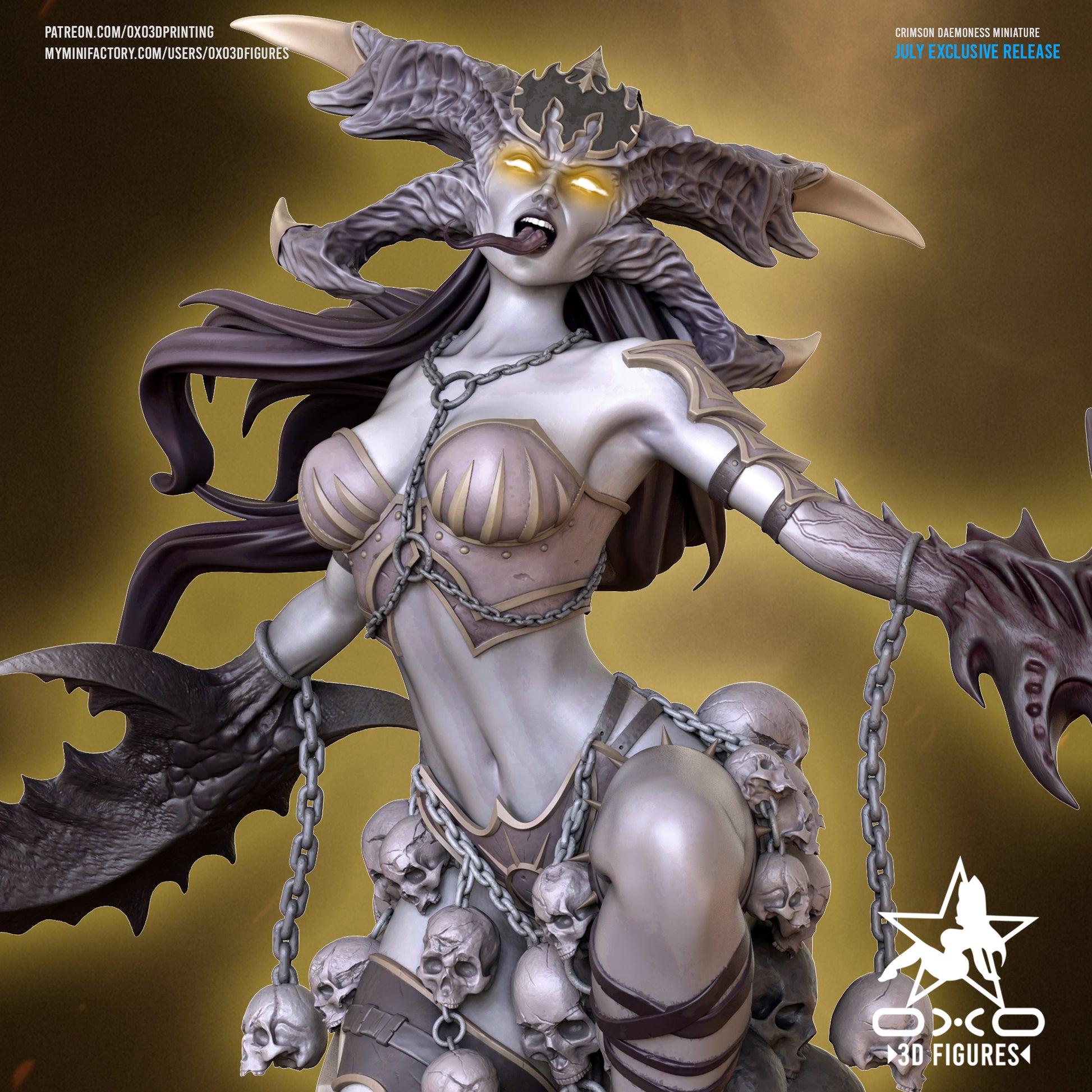 Front view of the Crimson Daemoness figurine, a female demon with glowing eyes, large horns, chained armor top, clawed blades, and skull decorations. Suitable for Dungeons & Dragons or Pathfinder dark fantasy campaigns.