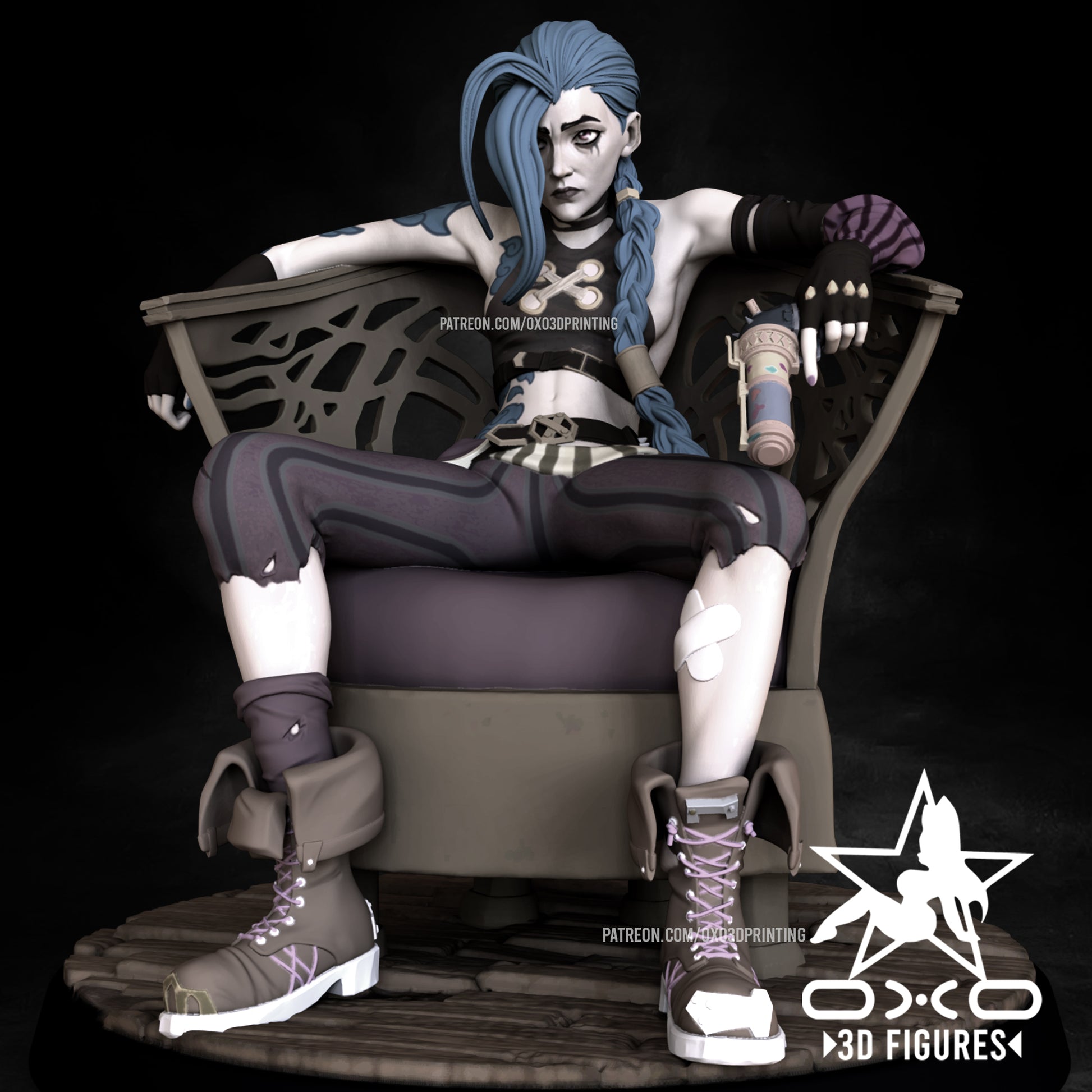 A full view of the Jinx collector's figure from Arcane, seated on a throne, showcasing her iconic outfit and accessories in 1:12 scale